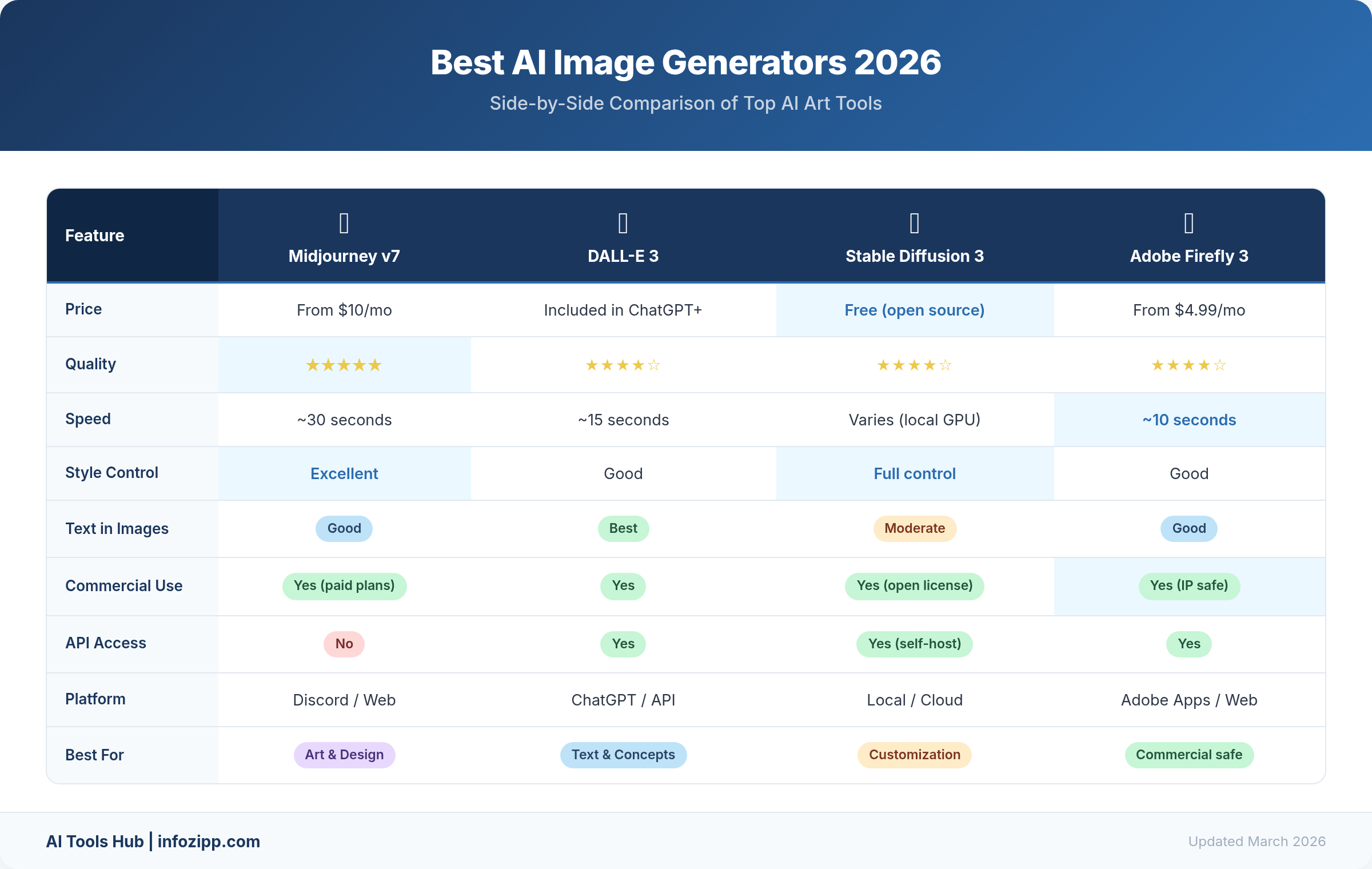 Best AI image generators 2026 comparison chart Midjourney DALL-E Stable Diffusion Adobe Firefly