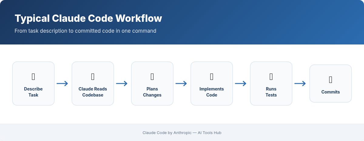 Typical Claude Code workflow from describing a task to committing code