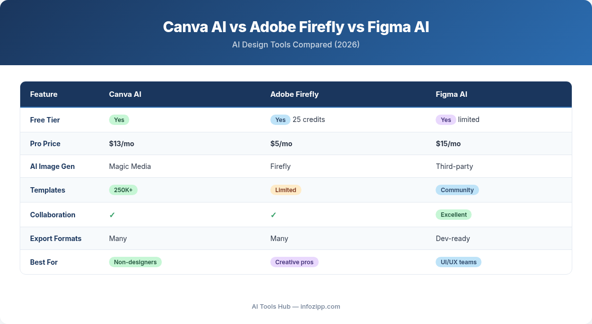 Canva AI vs Adobe Firefly vs Figma AI comparison table with pricing and features