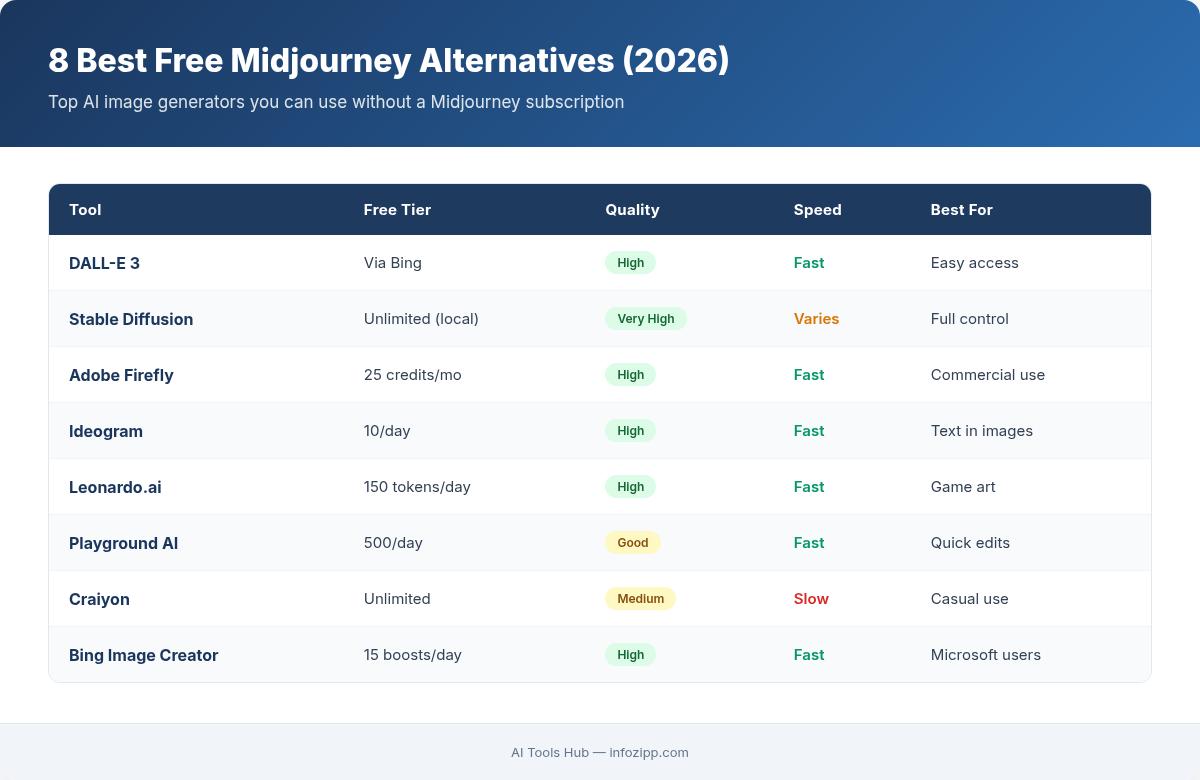 8 best free Midjourney alternatives comparison with free tier, quality, speed, and best use cases