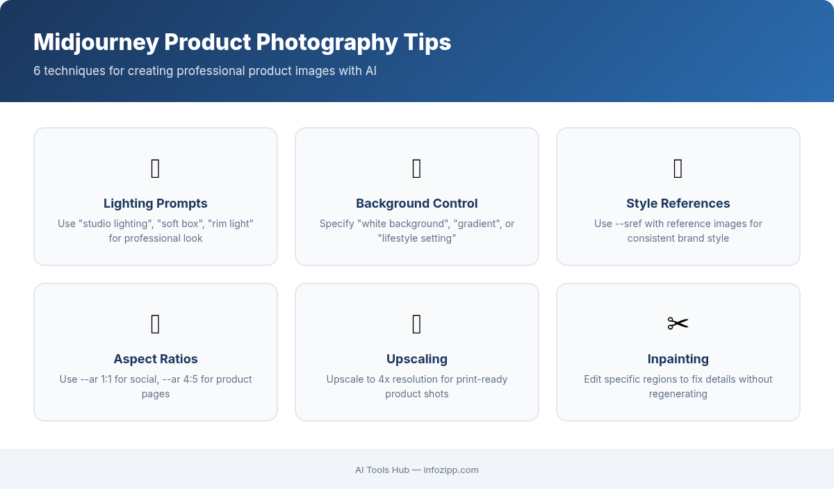6 Midjourney product photography tips including lighting prompts, background control, and upscaling