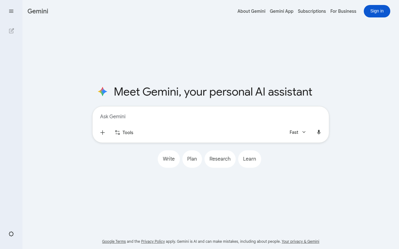 Google Gemini AI assistant homepage