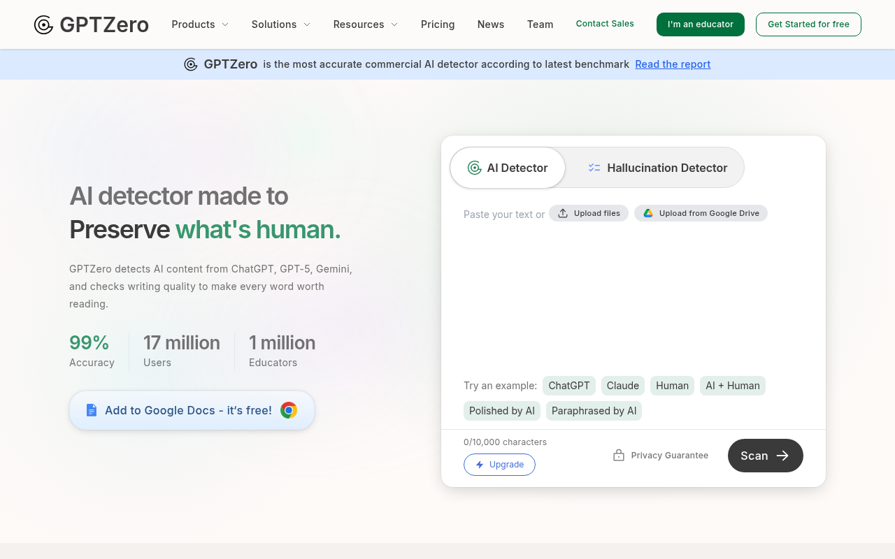 GPTZero homepage - AI content detection tool