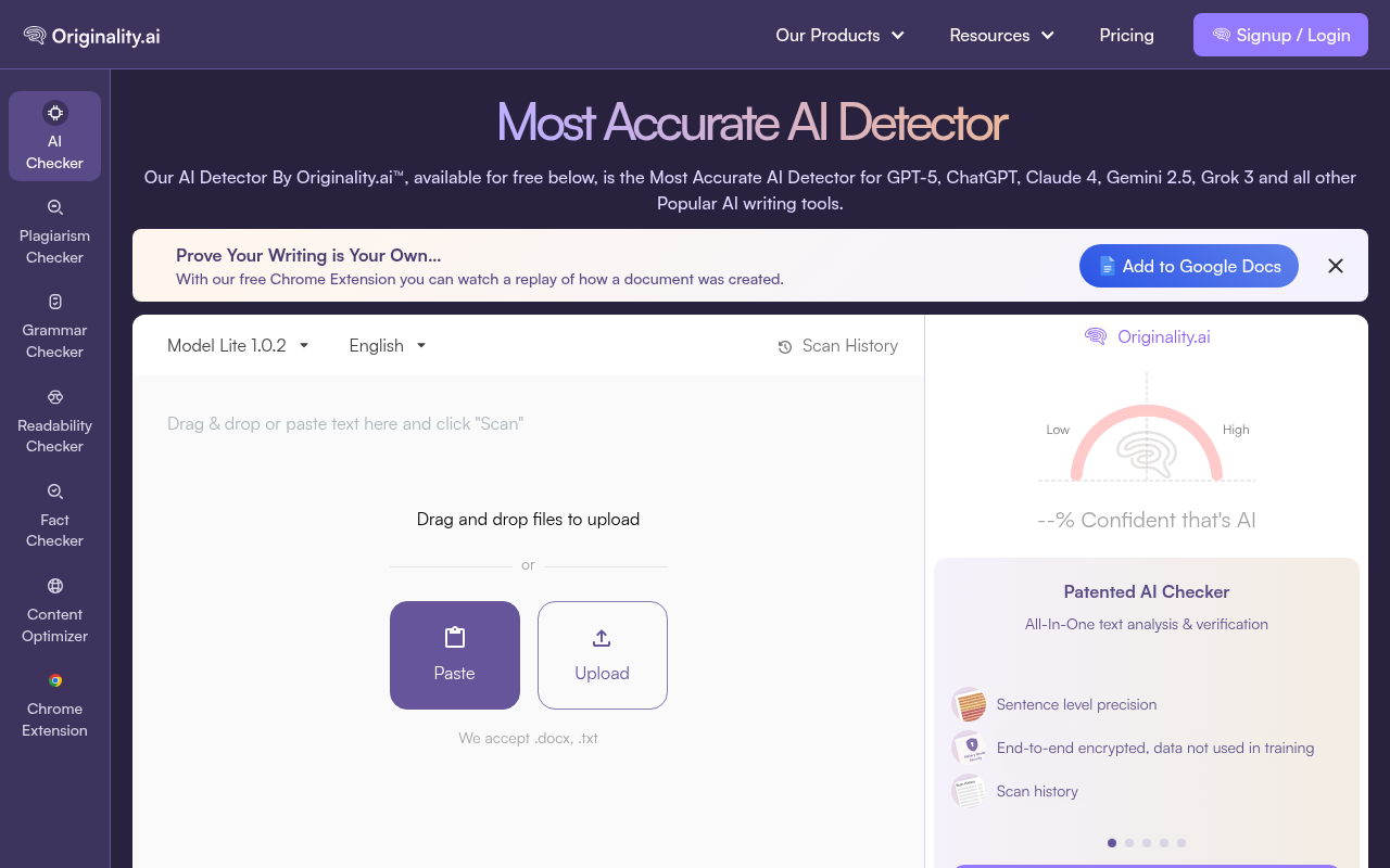 Originality.ai homepage - professional AI content detector