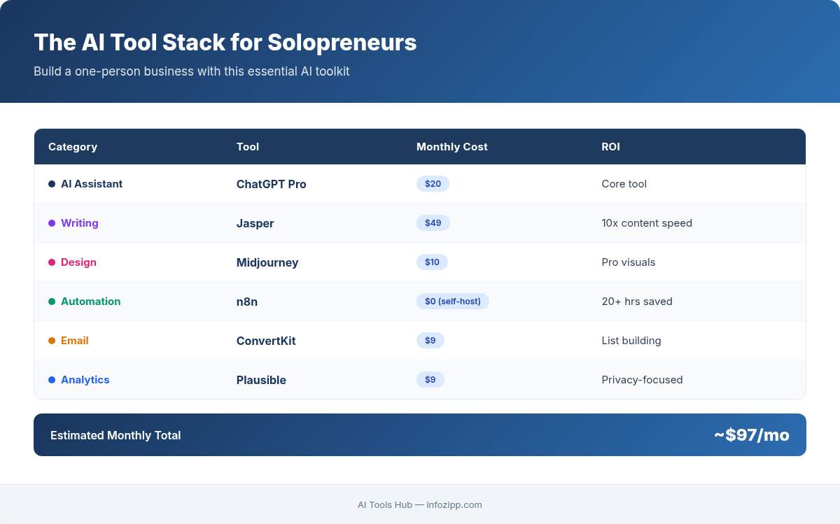 Complete AI tool stack for solopreneurs with monthly costs totaling $97